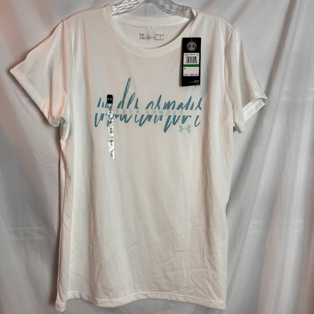 Women's Short slv White Knit Under Armour Graphic T shirt Size L, NWT
